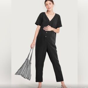 Hatch Noelle linen tencel button v neck jumpsuit in black
